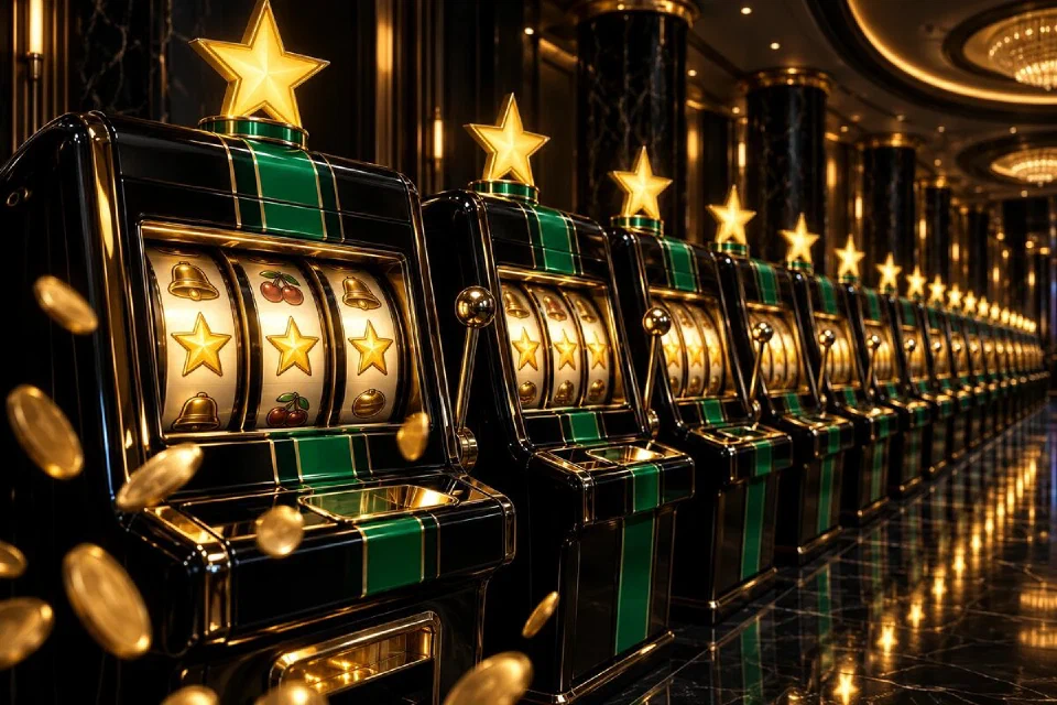 Row of black slot machines with emerald stripes and gold star toppers along a casino hall